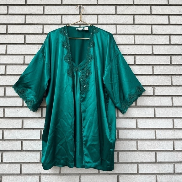 Vintage Victoria’s Secret Gold Label Chemise Robe Set Emerald Green - Picture 1 of 16